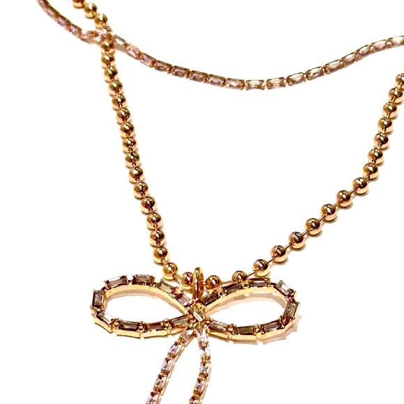 EXPRESS Gold & Baguette Rhinestone/Crystal Bow Layered Necklace NWT - Picture 2 of 14